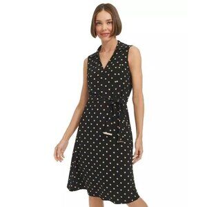 119$ Tommy Hilfiger Polka Dot V-Neck Tie Waist Mini Dress Petite Size 0 Black